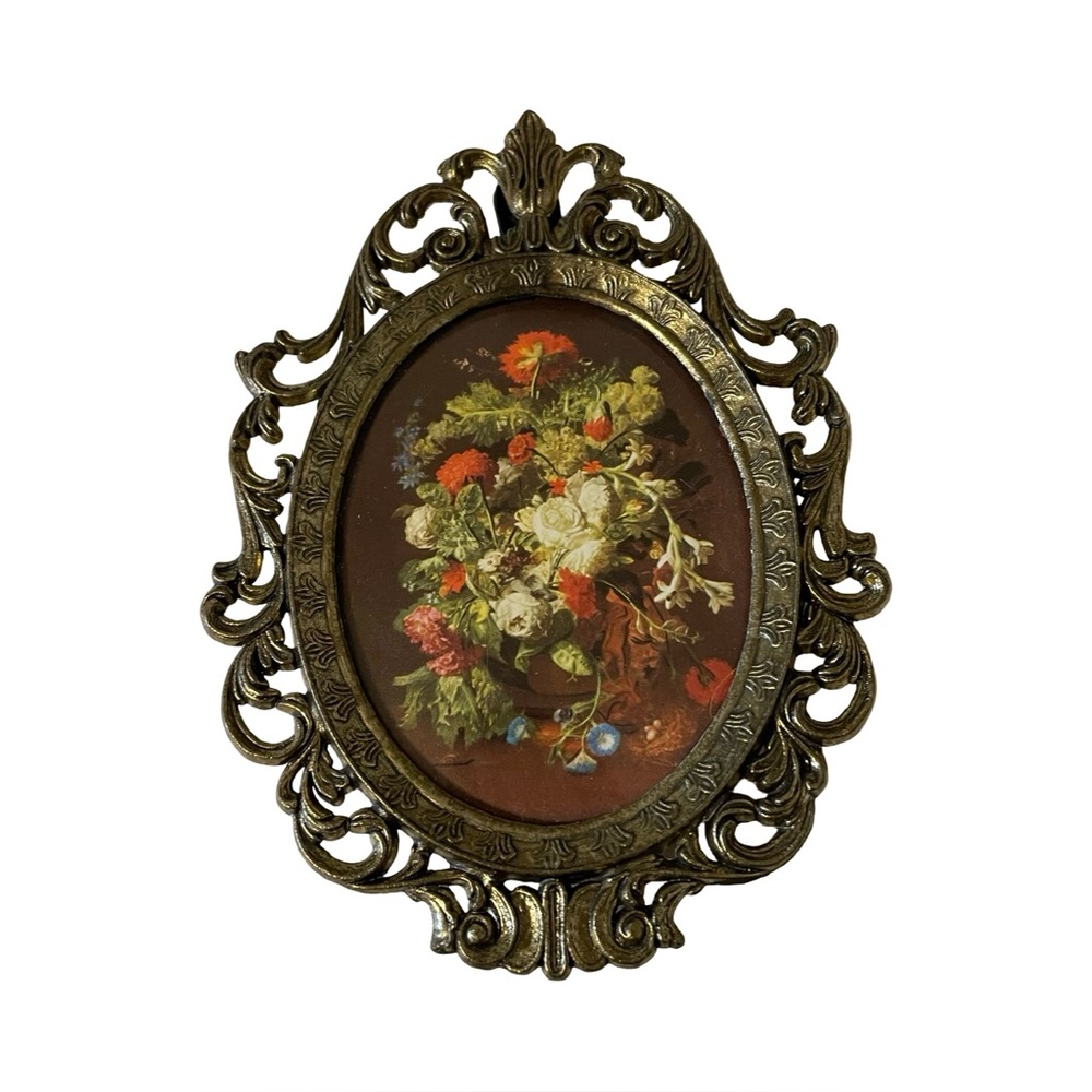 🌸 Vintage Victorian-Style Floral Print | Ornate Brass Frame | Made in Italy